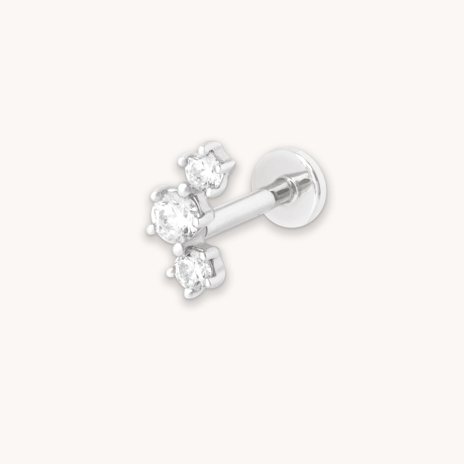Curved Crystal Piercing Stud in Solid White Gold