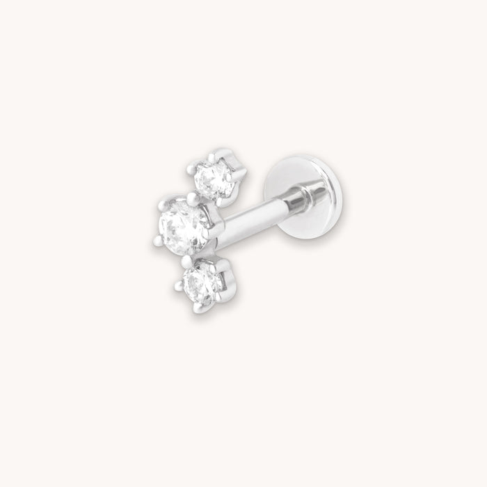 Curved Crystal Piercing Stud in Solid White Gold