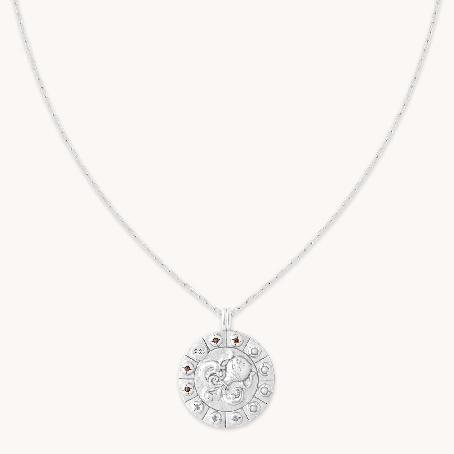 Aquarius Bold Zodiac Pendant Necklace in Silver