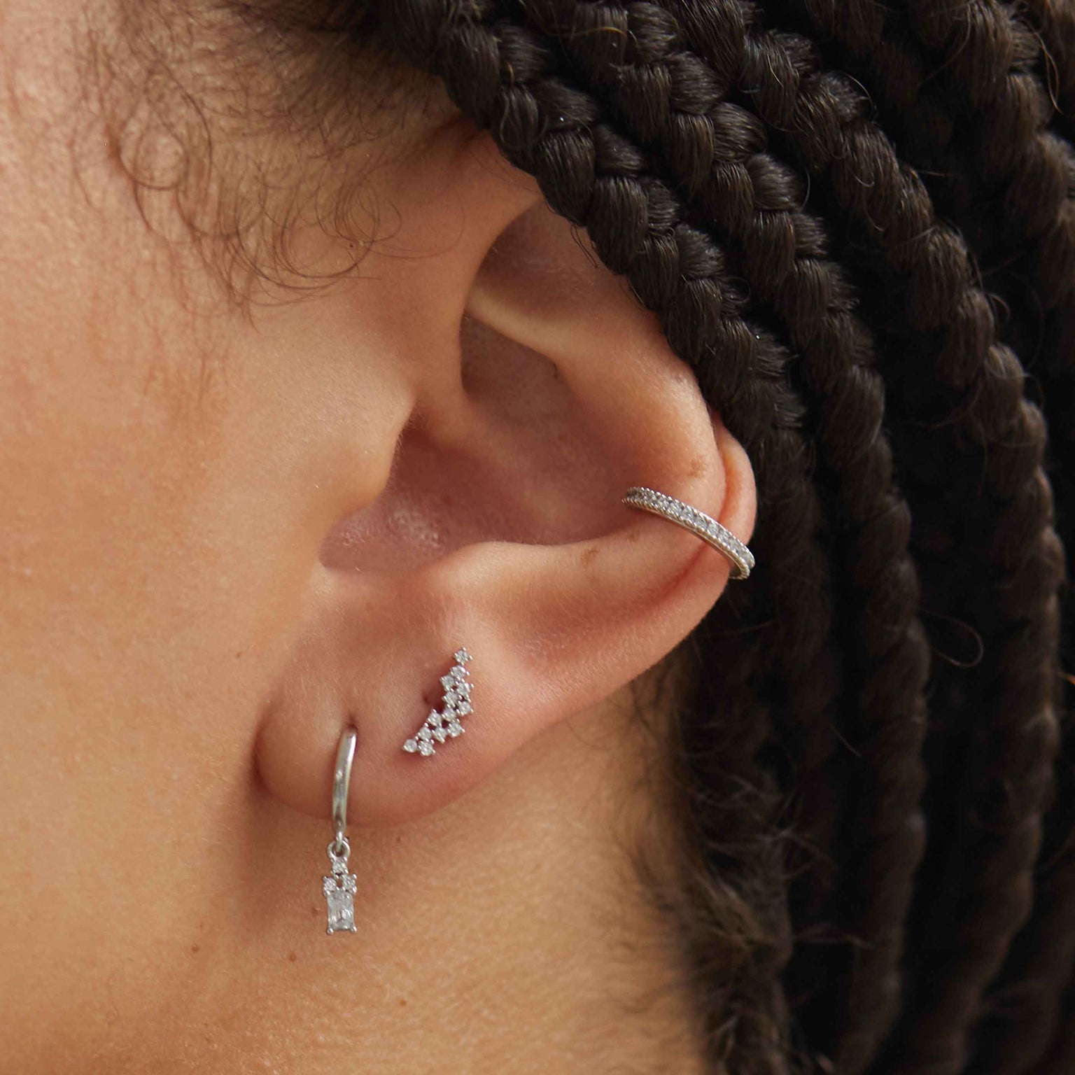 Crystal Ear Cuff in Silver worn with barbell and huggies