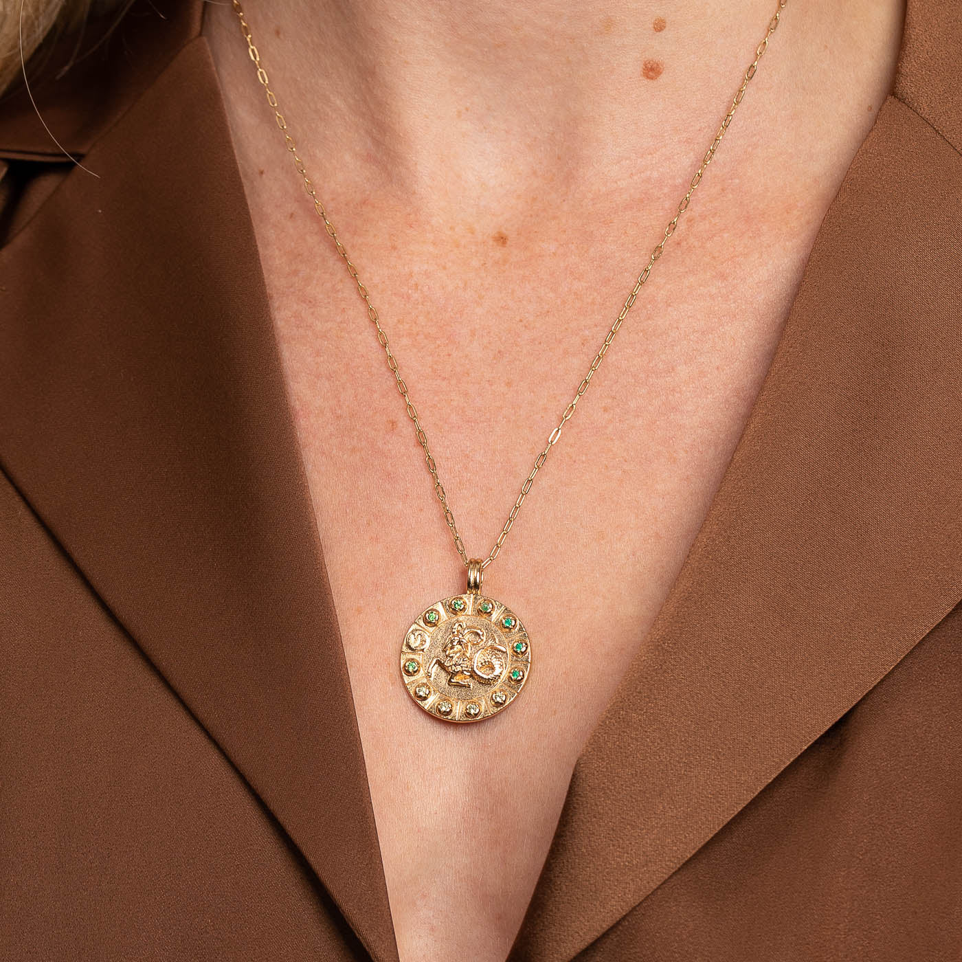 Capricorn Bold Zodiac Pendant Necklace in Gold worn