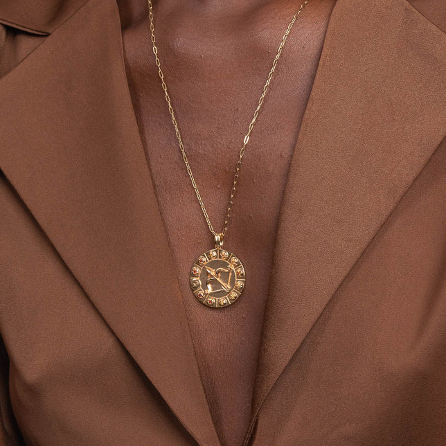 Sagittarius Bold Zodiac Pendant Necklace in Gold worn