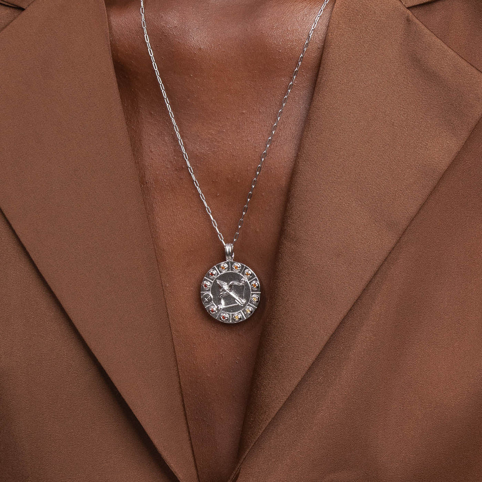 Sagittarius Bold Zodiac Pendant Necklace in Silver worn