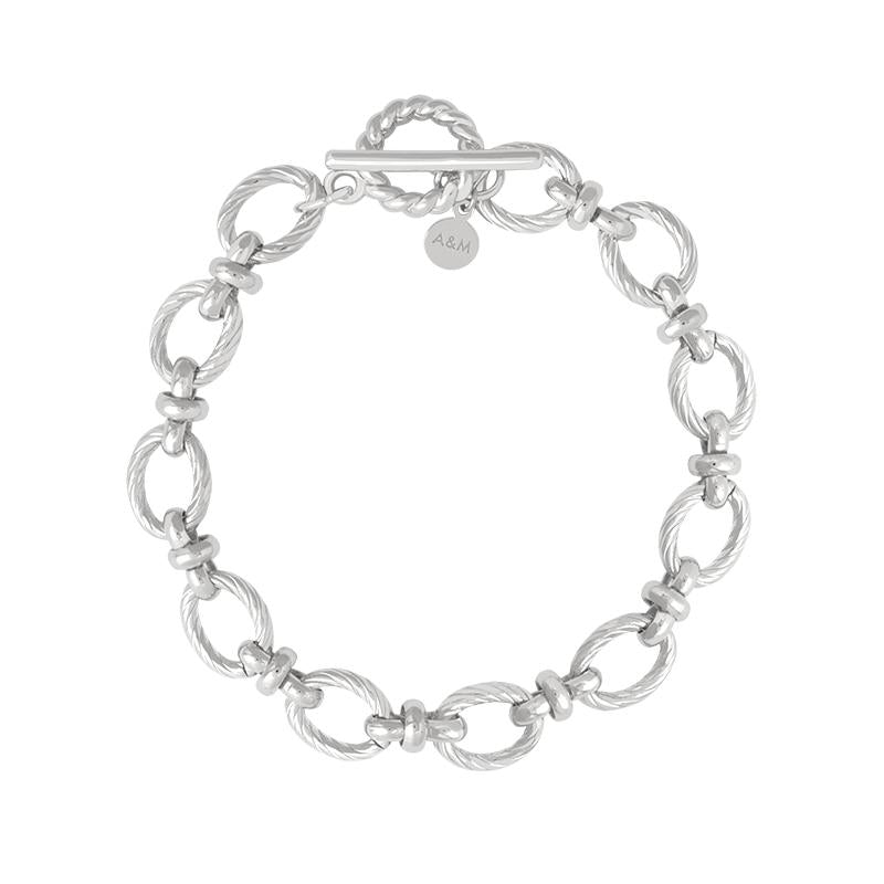 Textured Oval Link T-Bar Bracelet in Silver