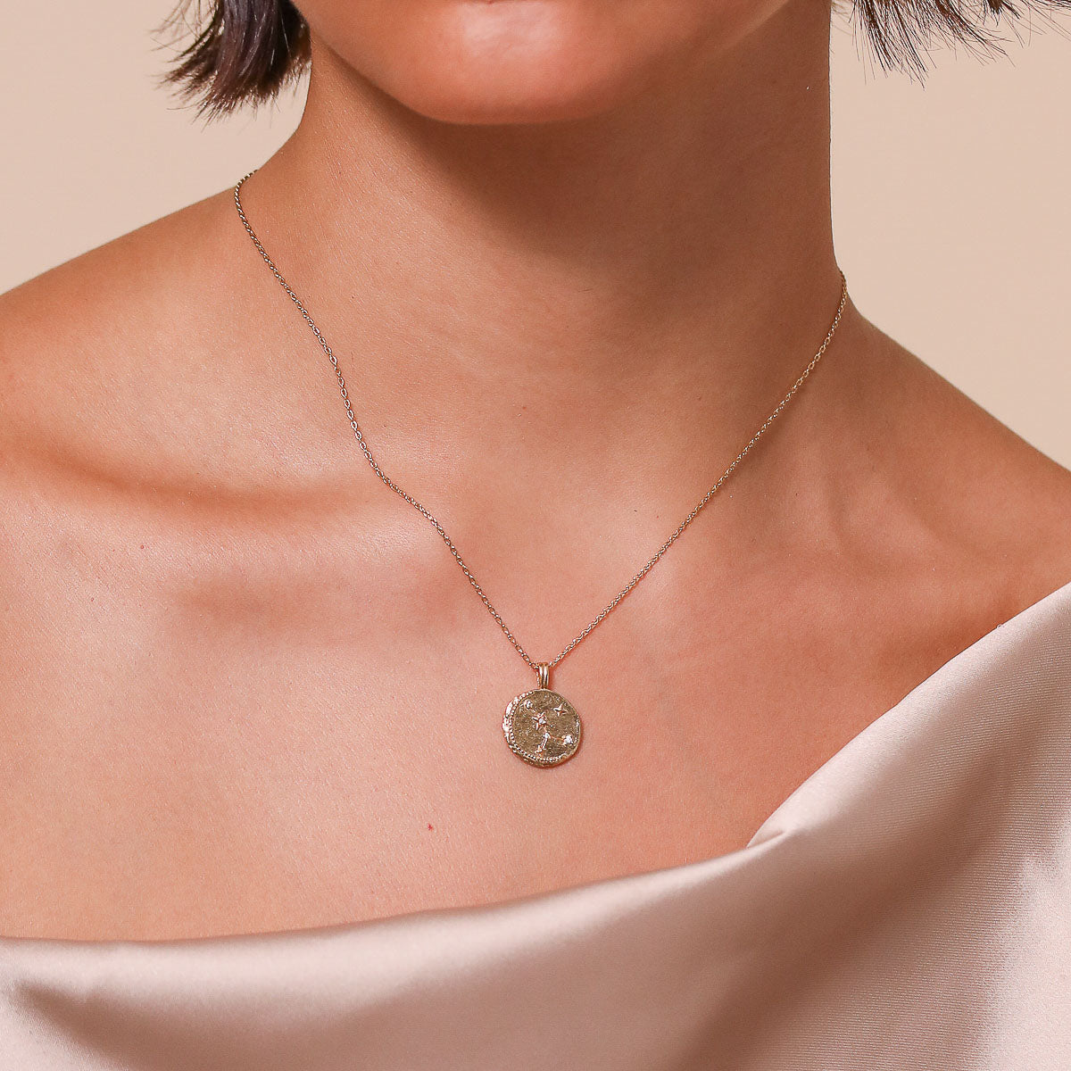 Cancer Zodiac Pendant Necklace in Gold worn