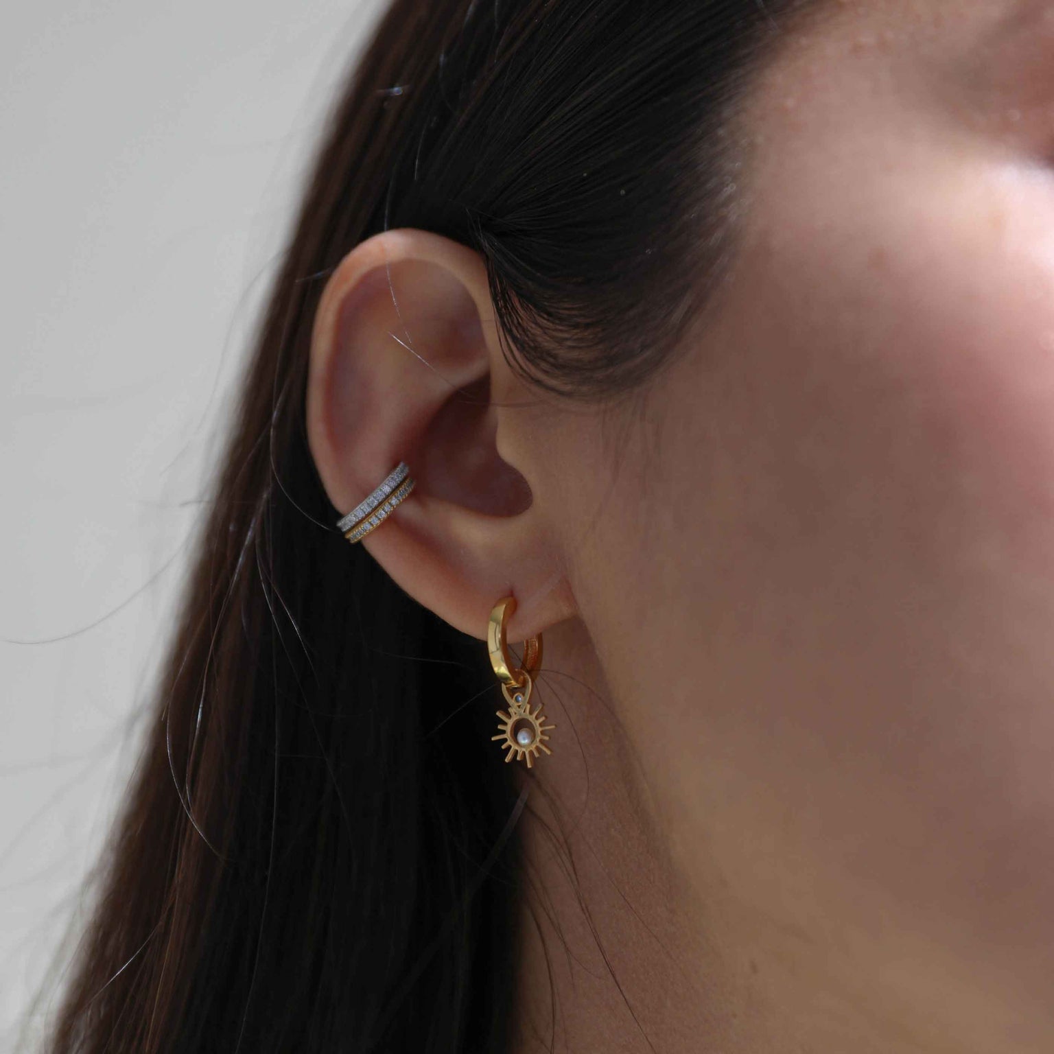 Crystal Ear Cuff in Silver worn with gold crystal ear cyff