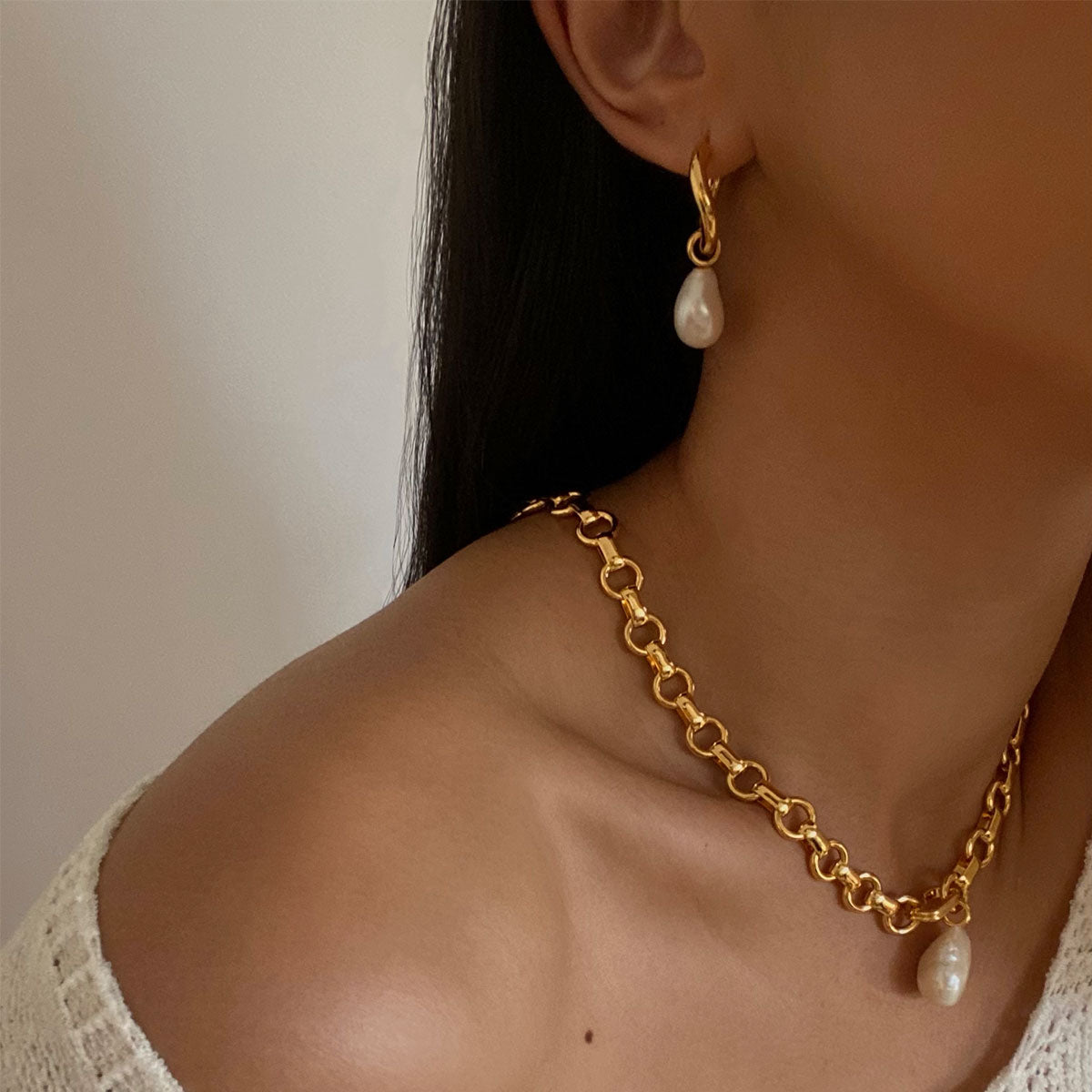 Serenity Pearl Charm Hoops in Gold worn by Lea Nguyen