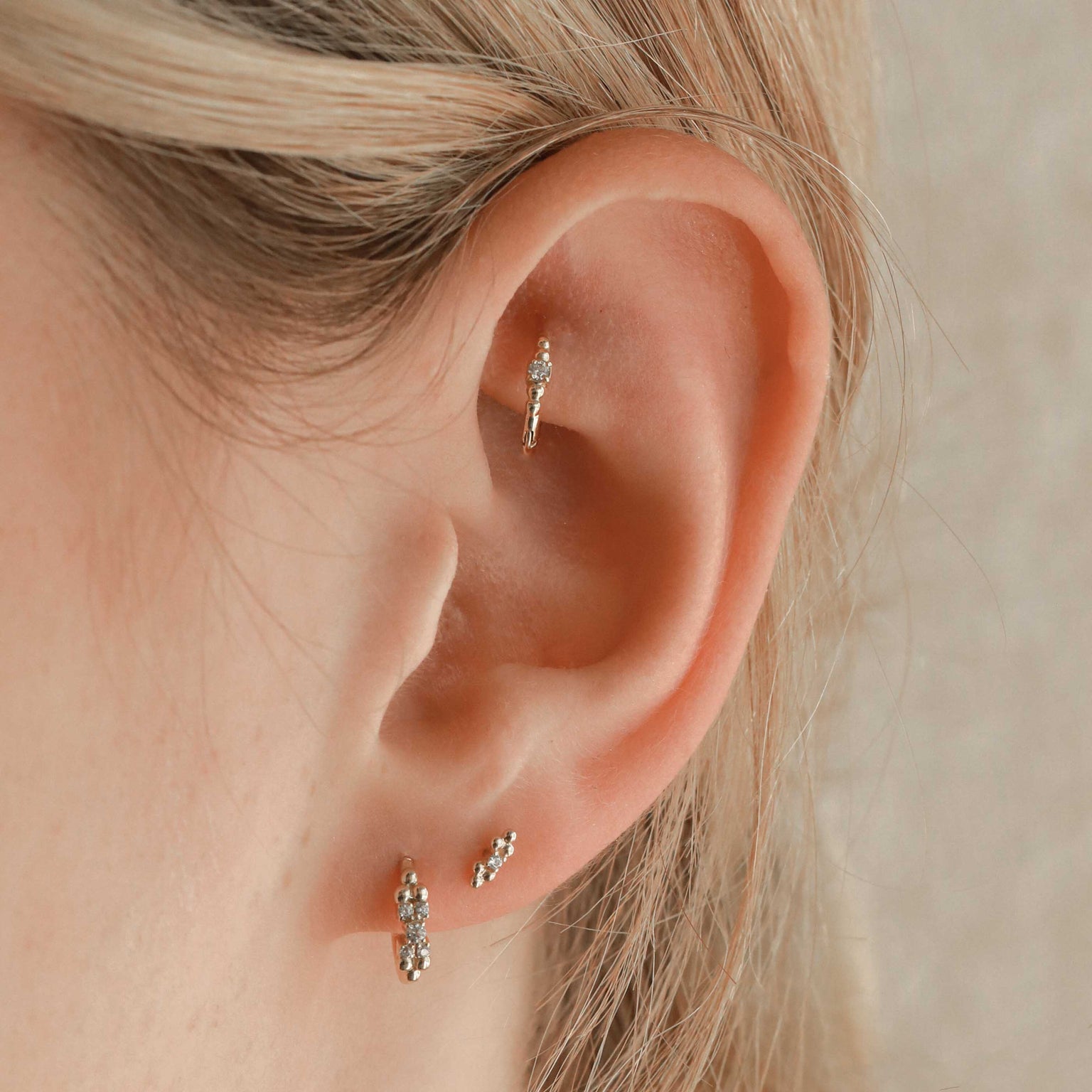 Solid Gold Beaded Crystal Piercing Hoop