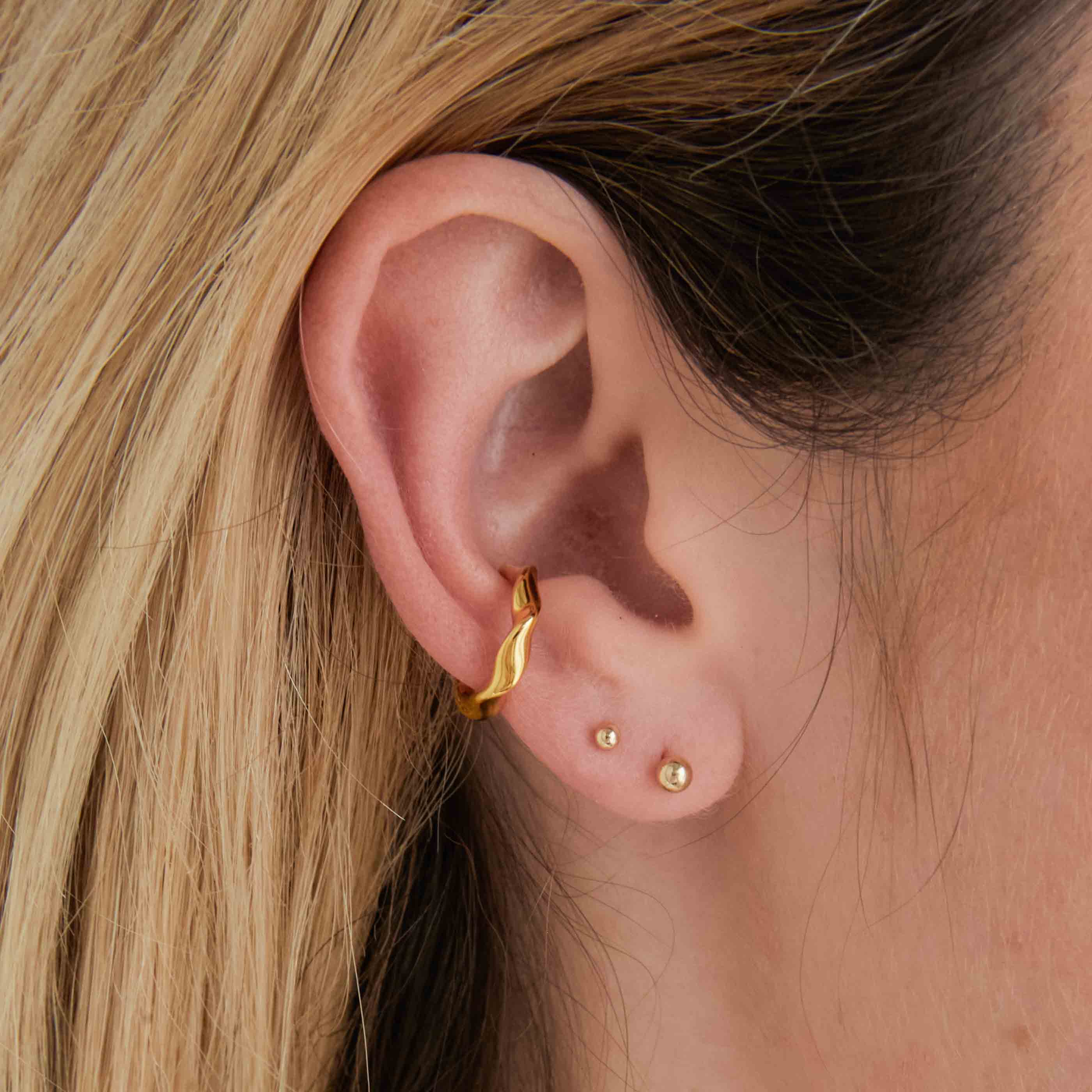 Triple Mix Bezel Stud Ear Piercing 14K Gold  Musemond