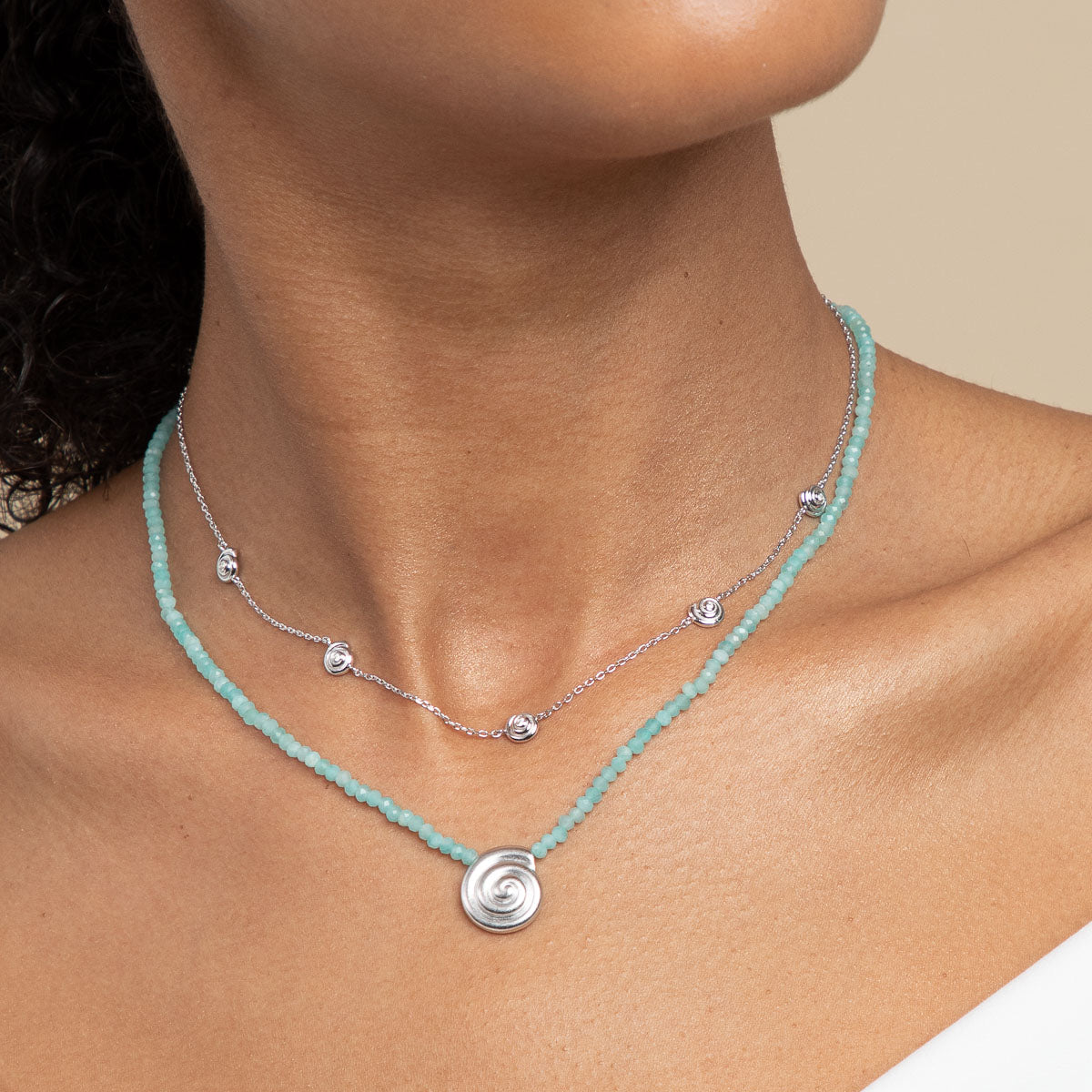 Amazonite Shell Necklace Stacking Set in Silver