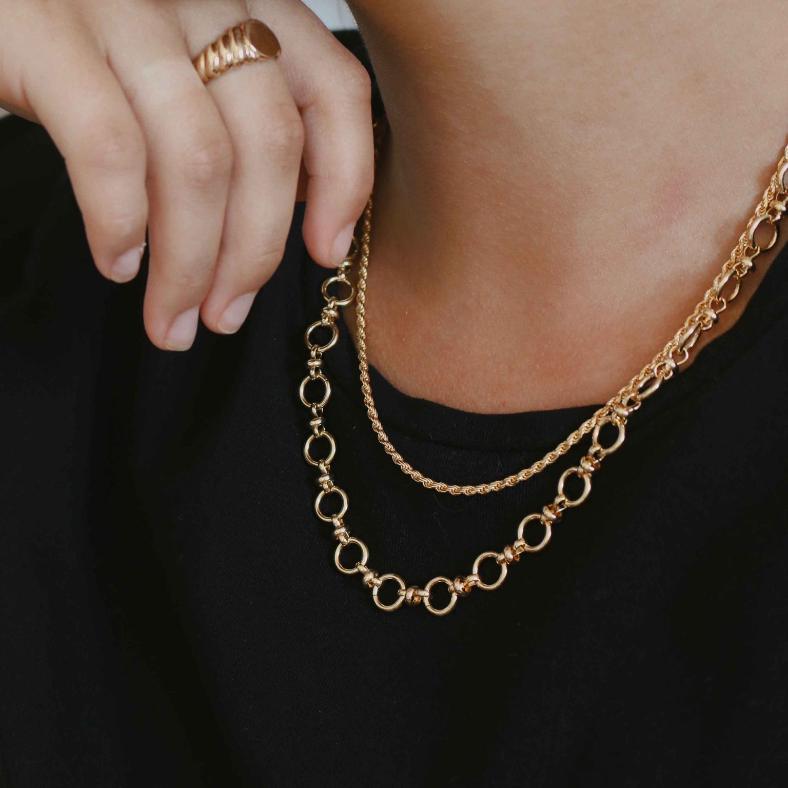 Rope Chain Necklace in Gold worn with gold chunky chain necklace