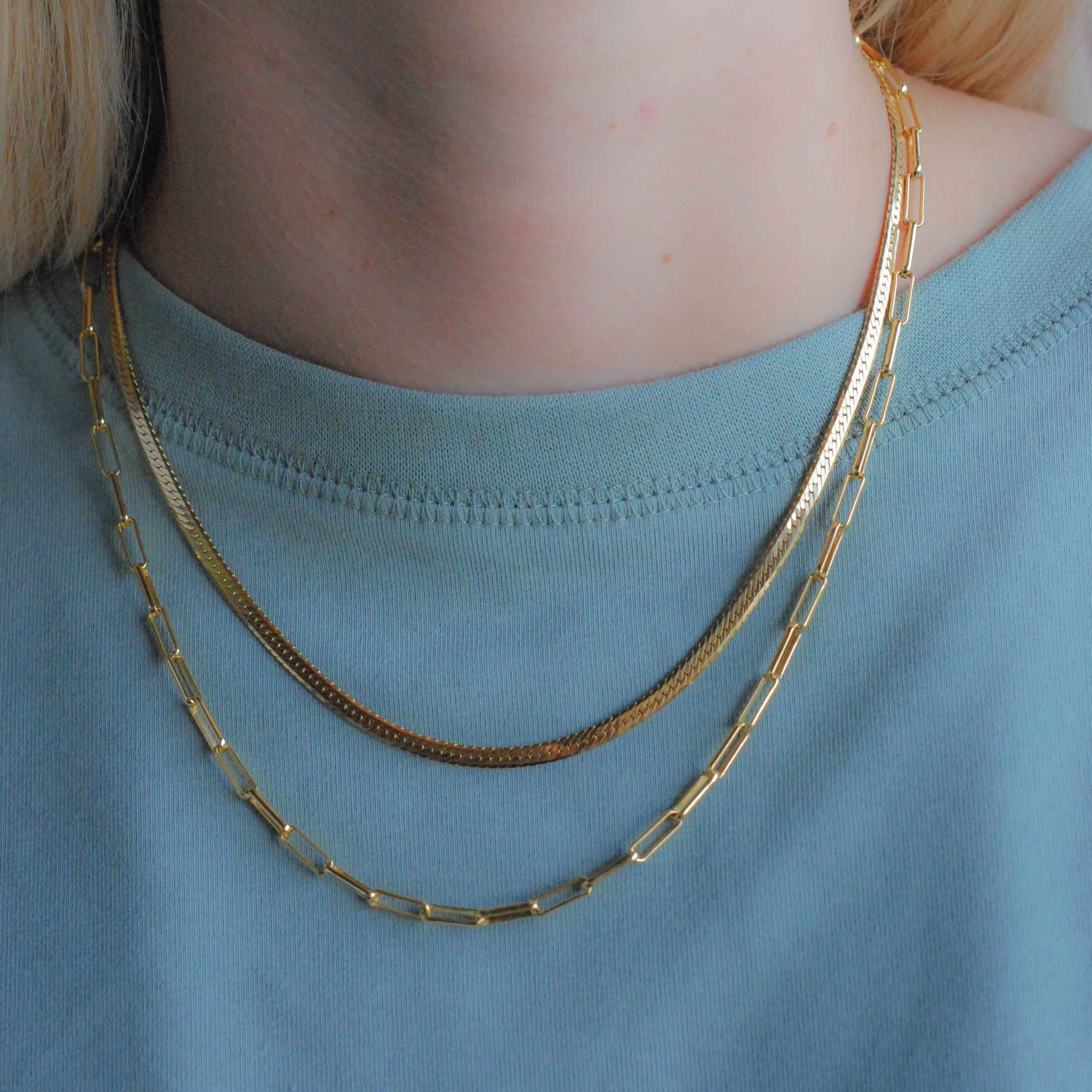 Snake Chain Necklace in Gold worn with long link chain necklace