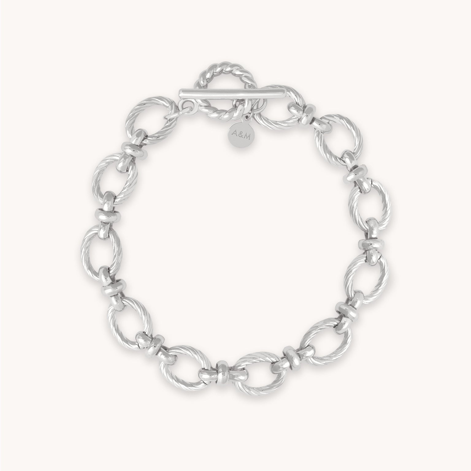 Textured Oval Link T-Bar Bracelet in Silver