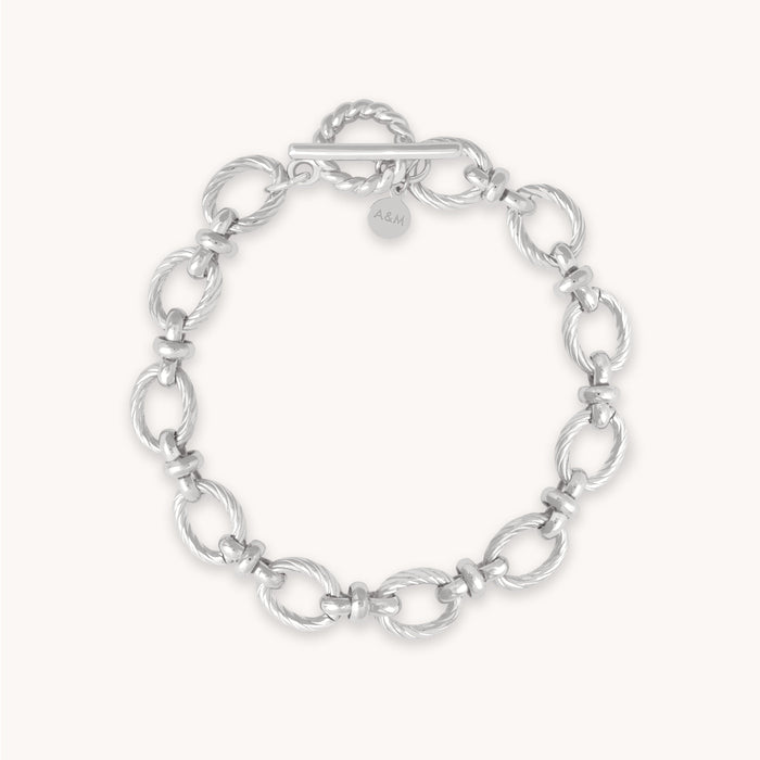 Textured Oval Link T-Bar Bracelet in Silver