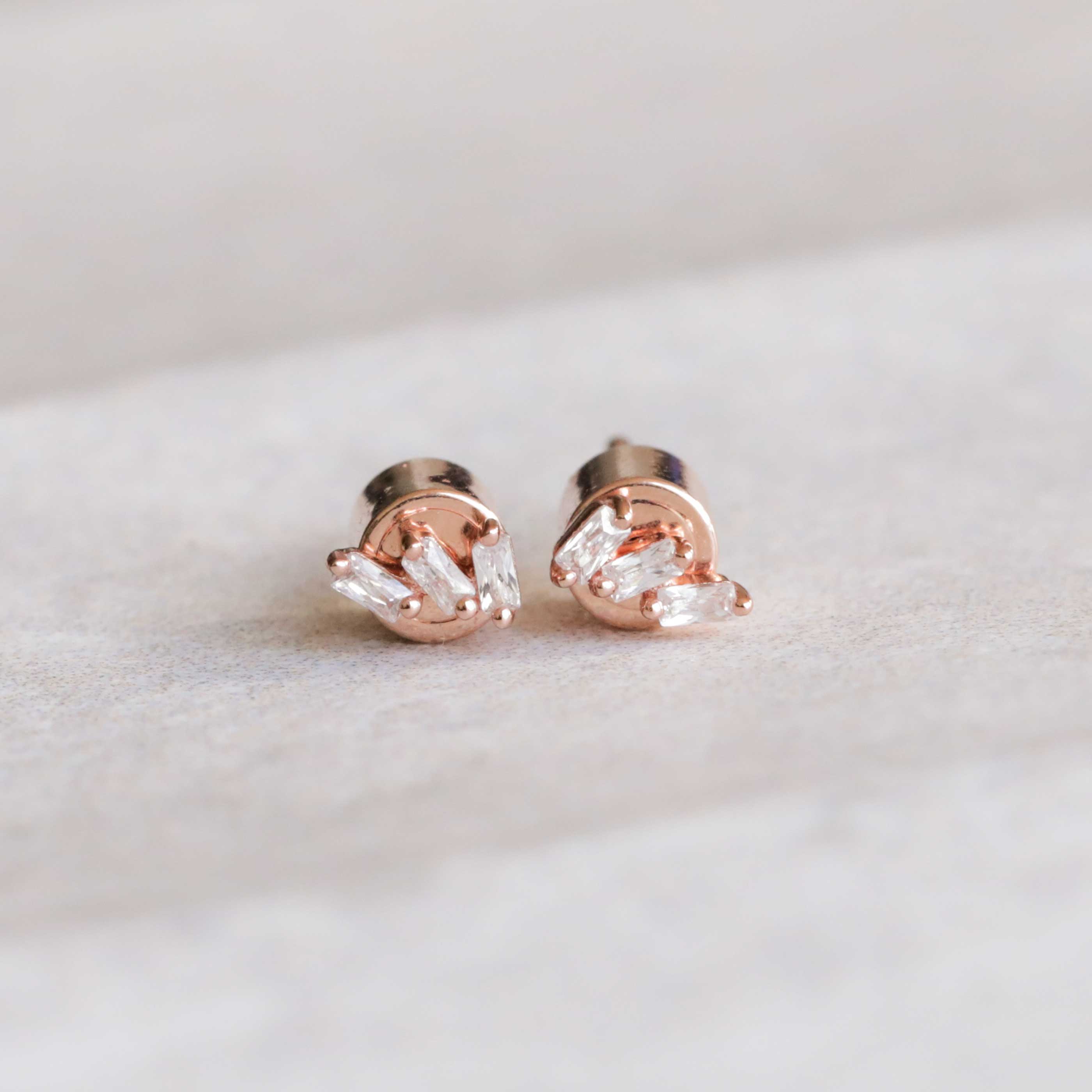 Baguette Crystal Stud Earrings in Rose Gold