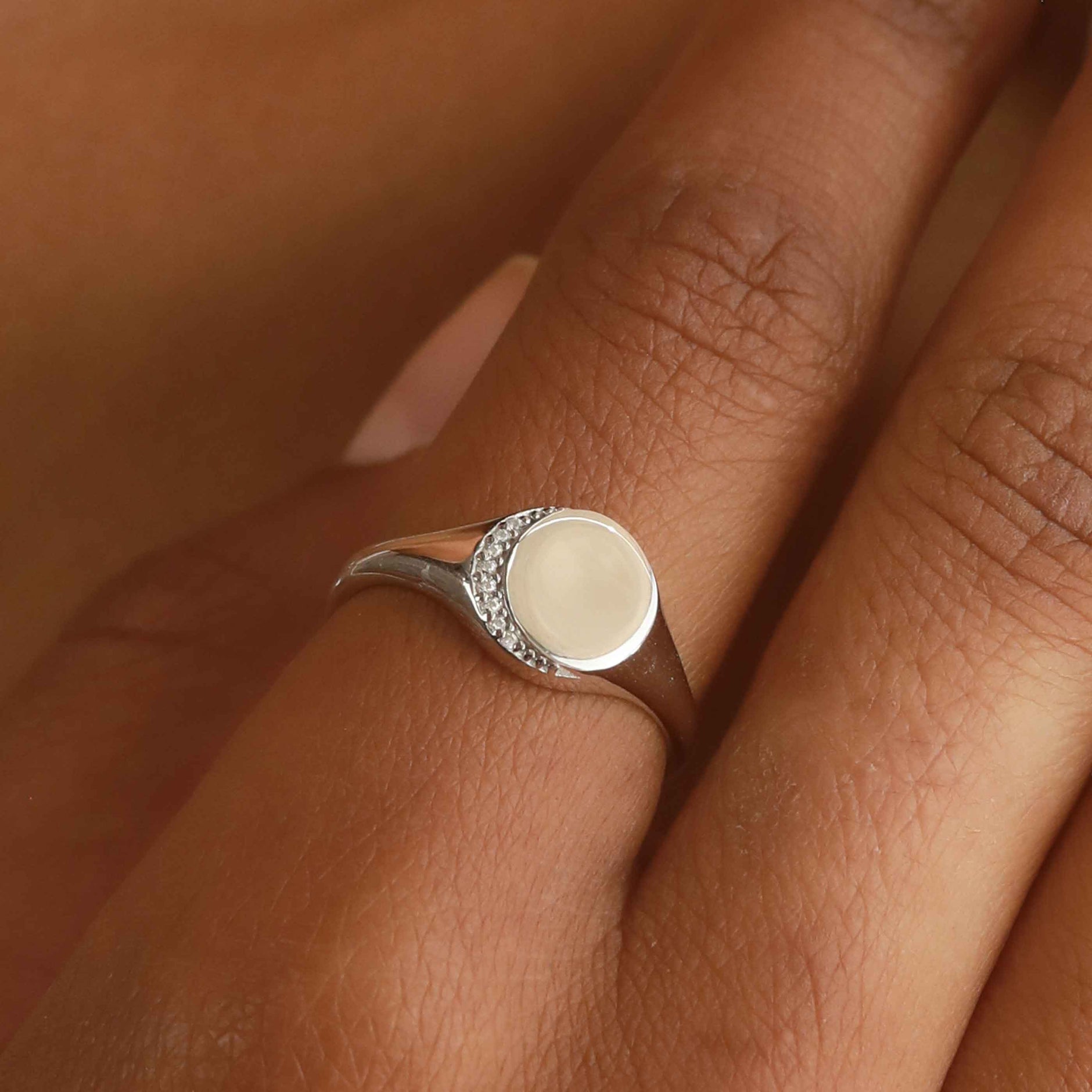 Crystal Crescent Signet Ring in Silver