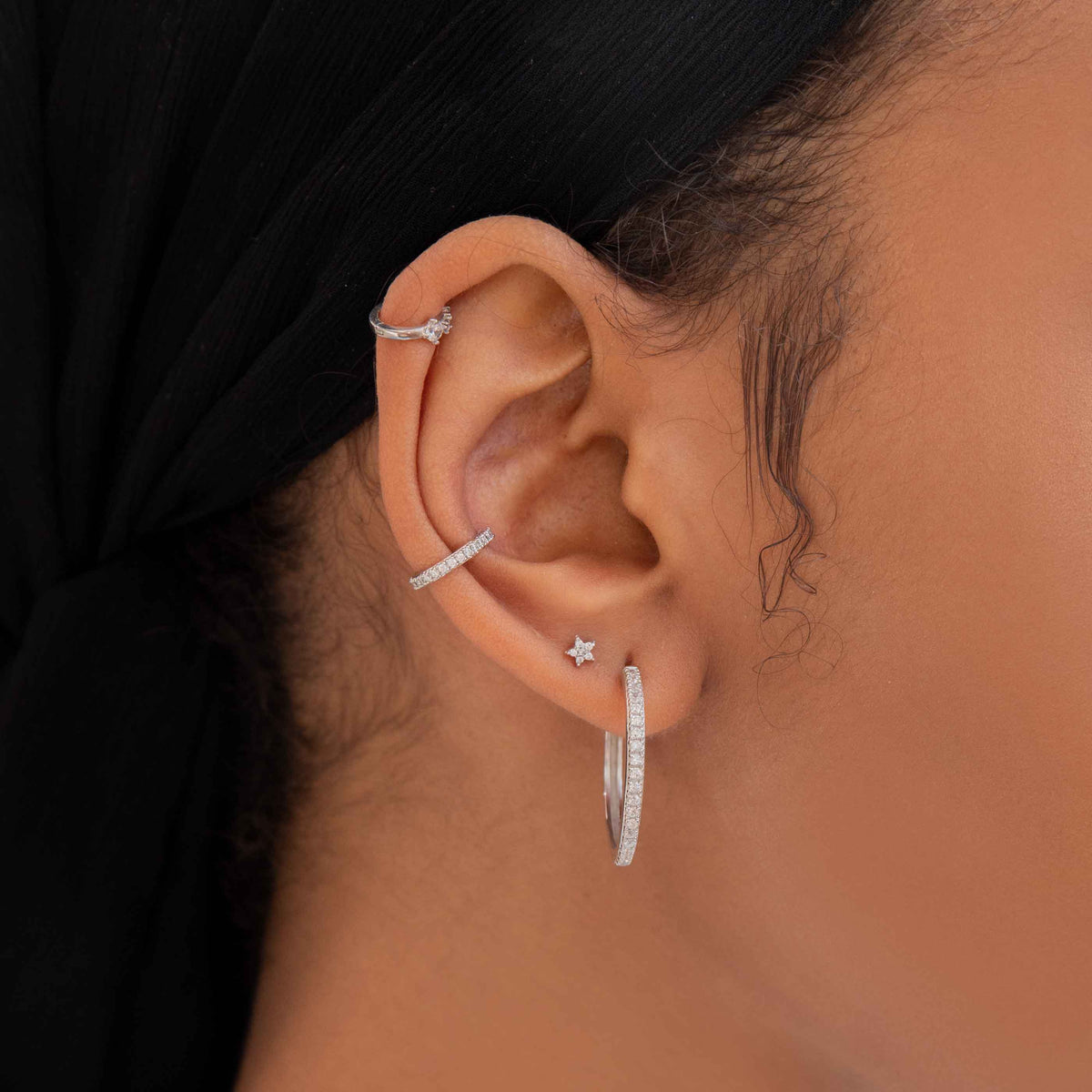 Crystal Ear Cuff in Silver worn with crystal hinge hoops