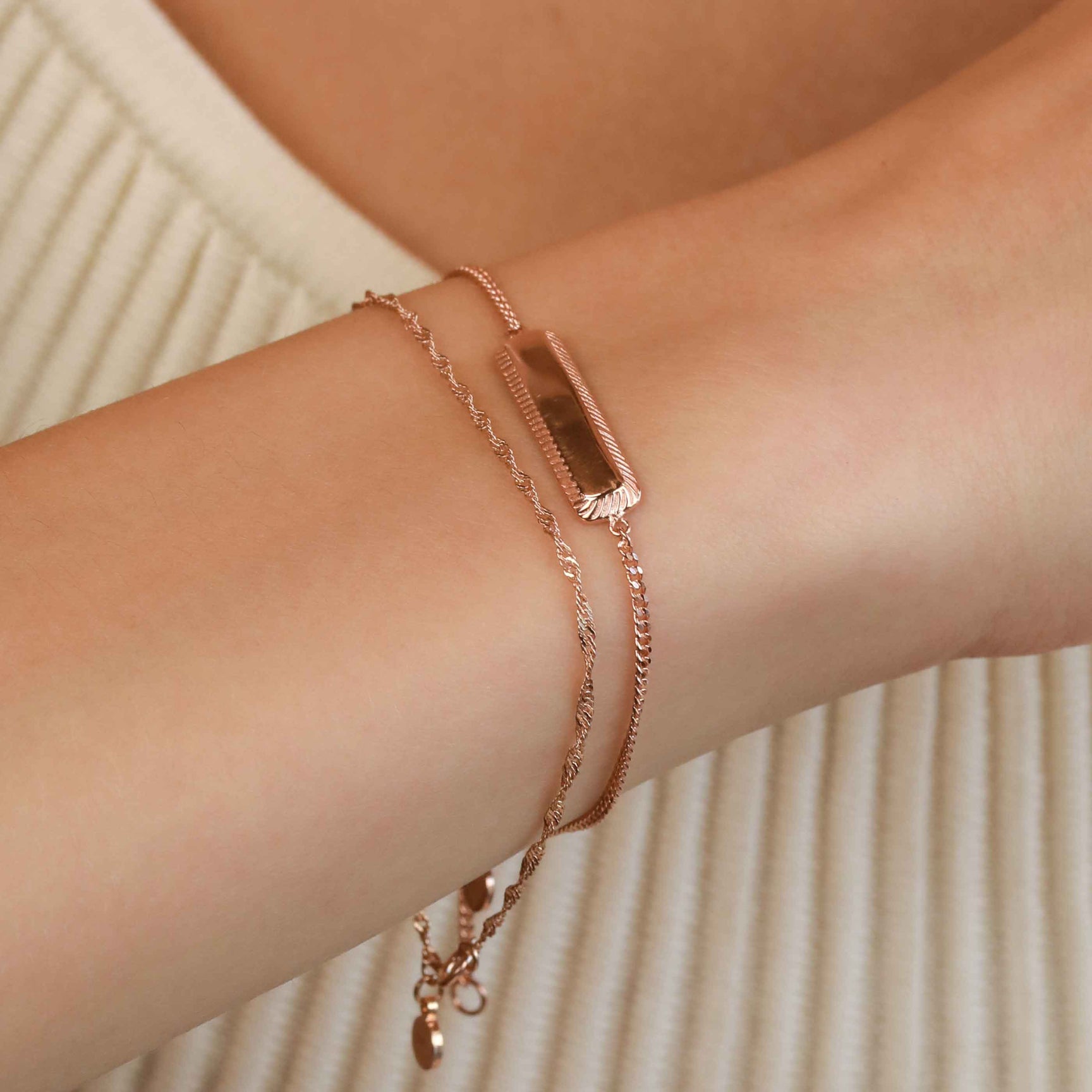 Etched ID Bracelet in Rose Gold worn