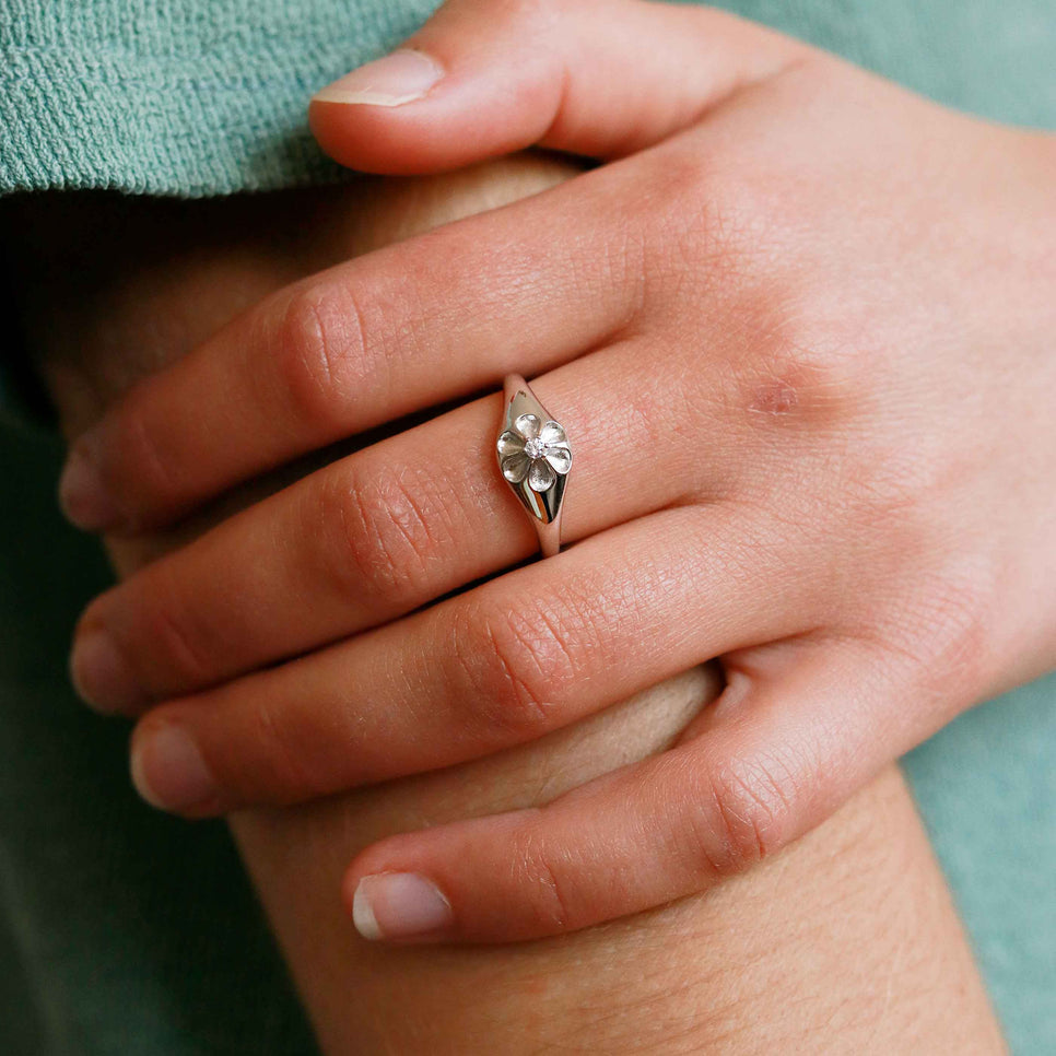 Flora Signet Ring in Silver worn shot