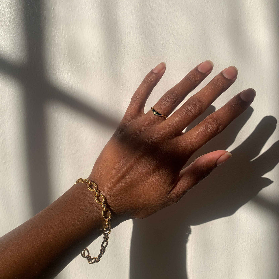 Textured Oval Link T-Bar Bracelet in Gold worn