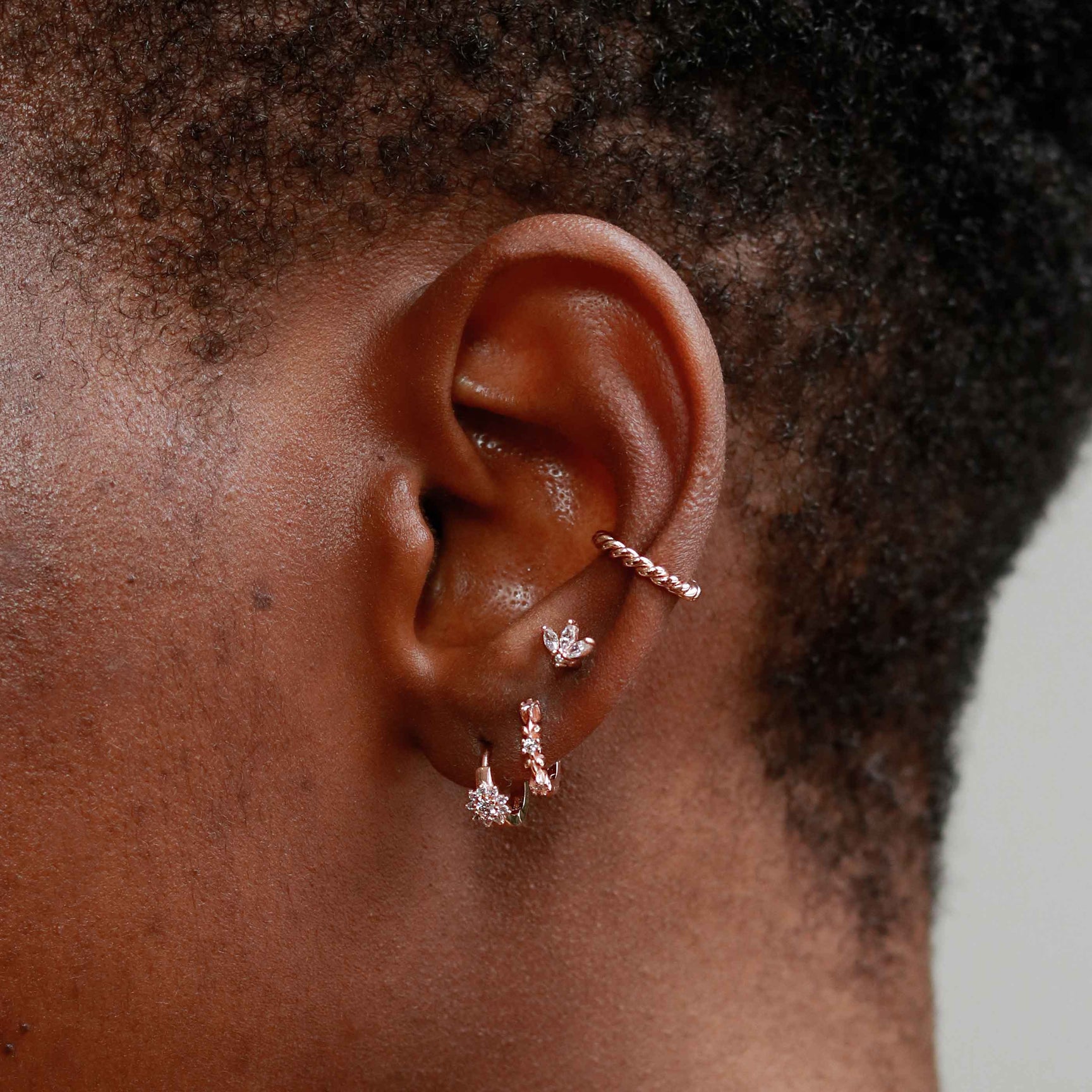 Navette Fan Barbell in Rose Gold worn in third lobe