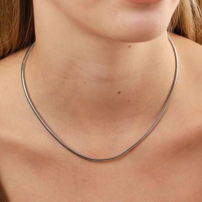 Oval Snake Chain Necklace in Silver worn