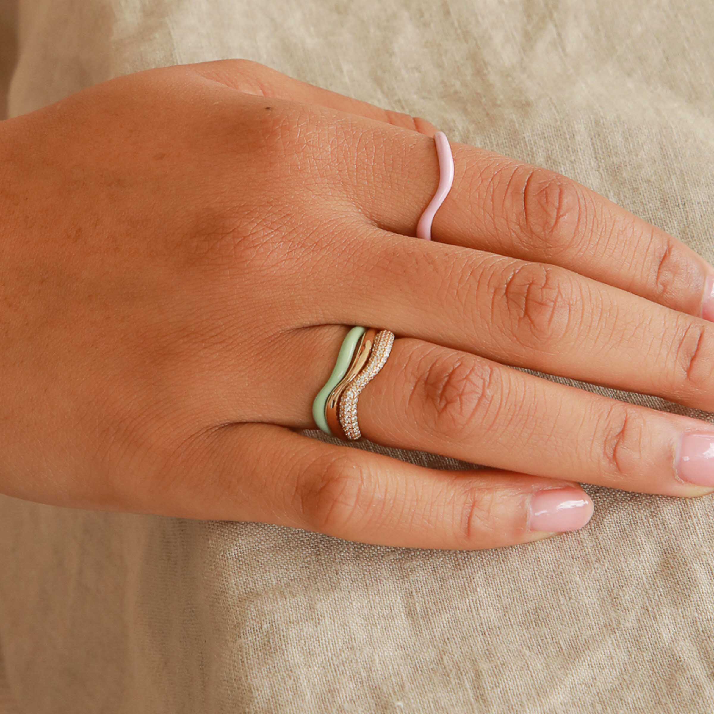 Wave Mint Enamel Ring worn stacked with Wave Rings