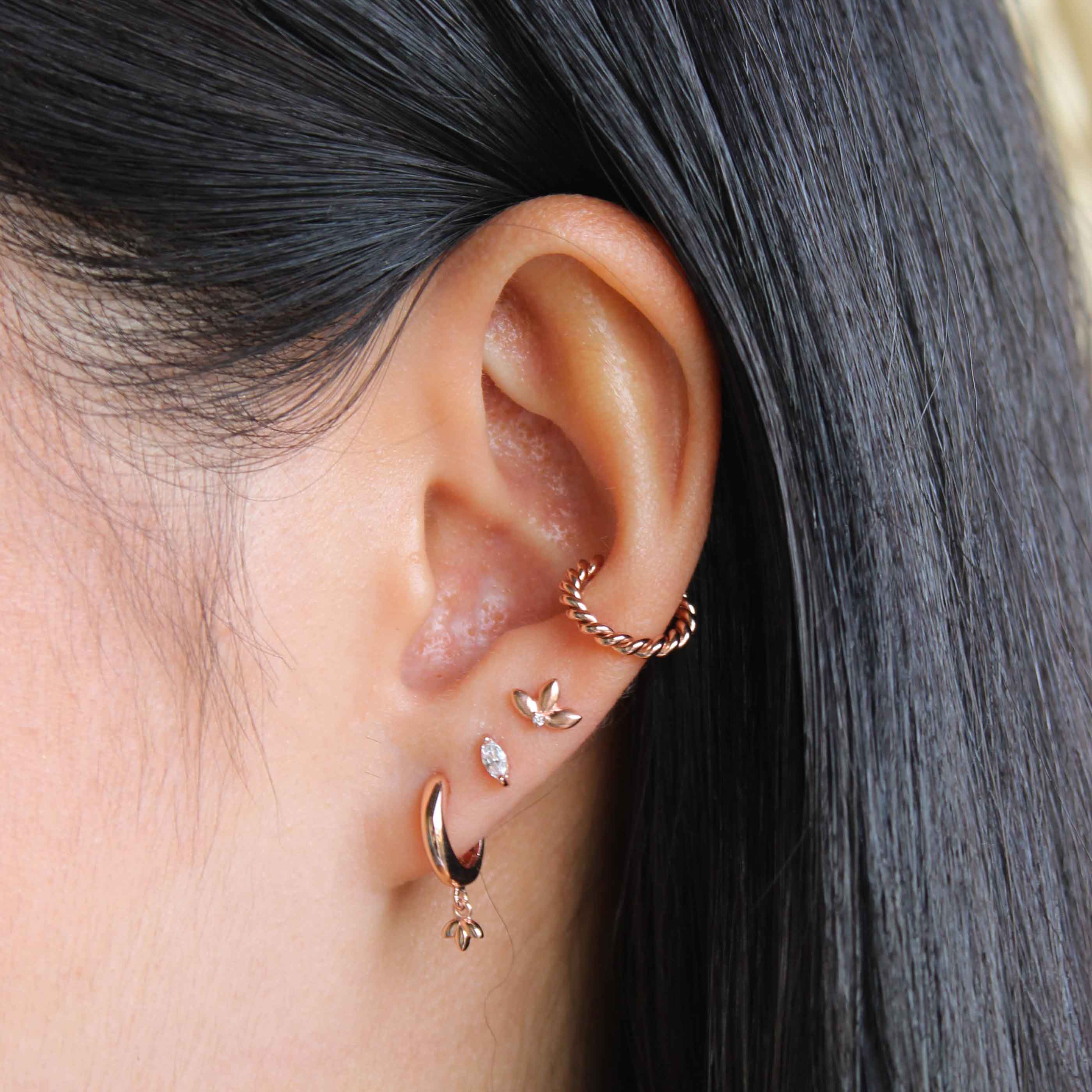 Rope Ear Cuff in Rose Gold worn with hoops and barbells